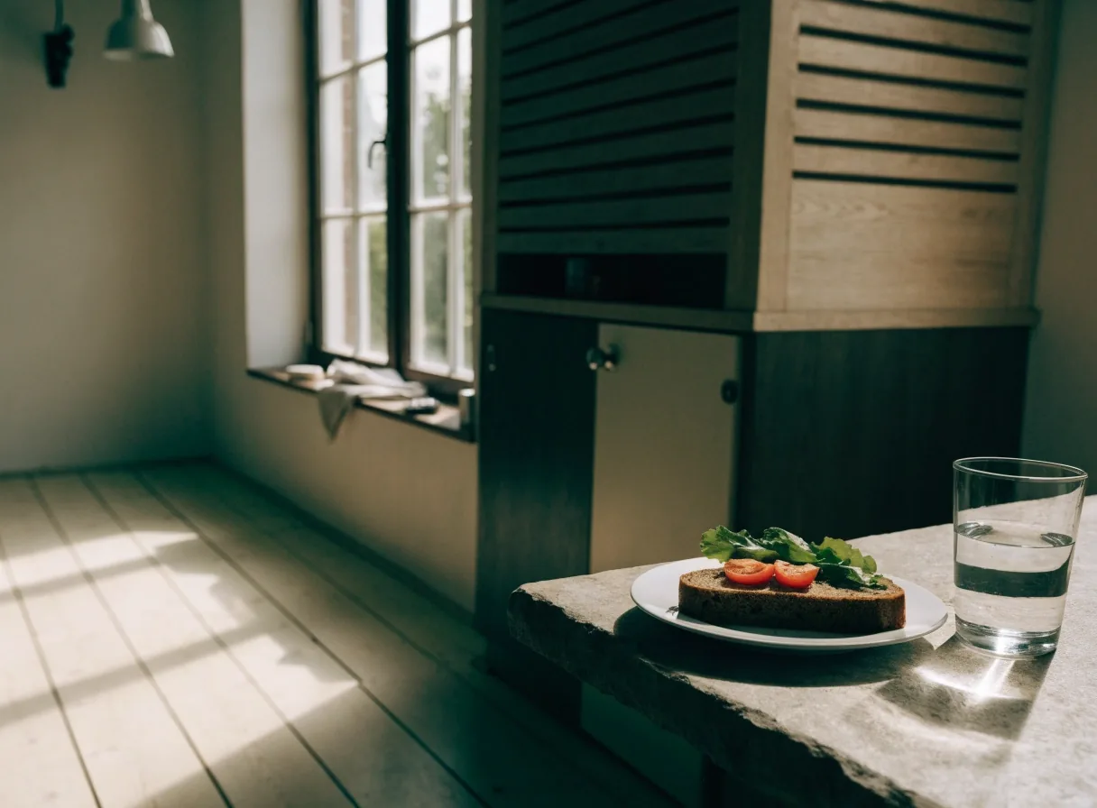 A printed meal plan and handwritten food diary on a kitchen counter in morning light