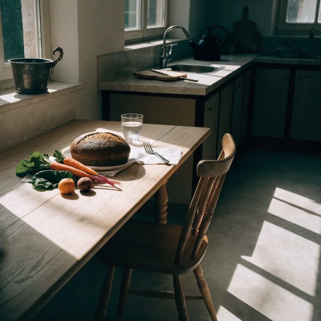 A coat and scarf on a wooden rack in a bright Estonian hallway, morning light falling through the doorway toward the kitchen