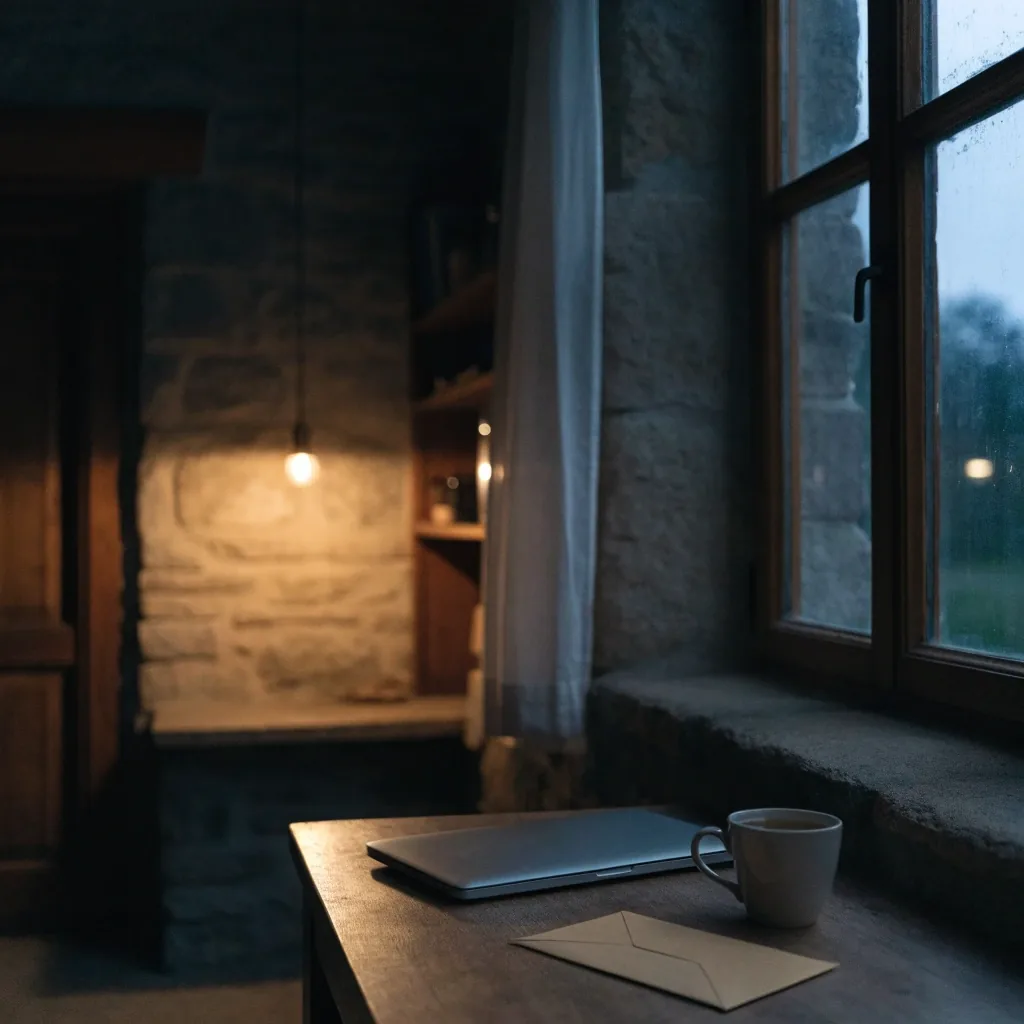 A closed laptop, a mug of tea and a folded envelope on a matte desk in warm light