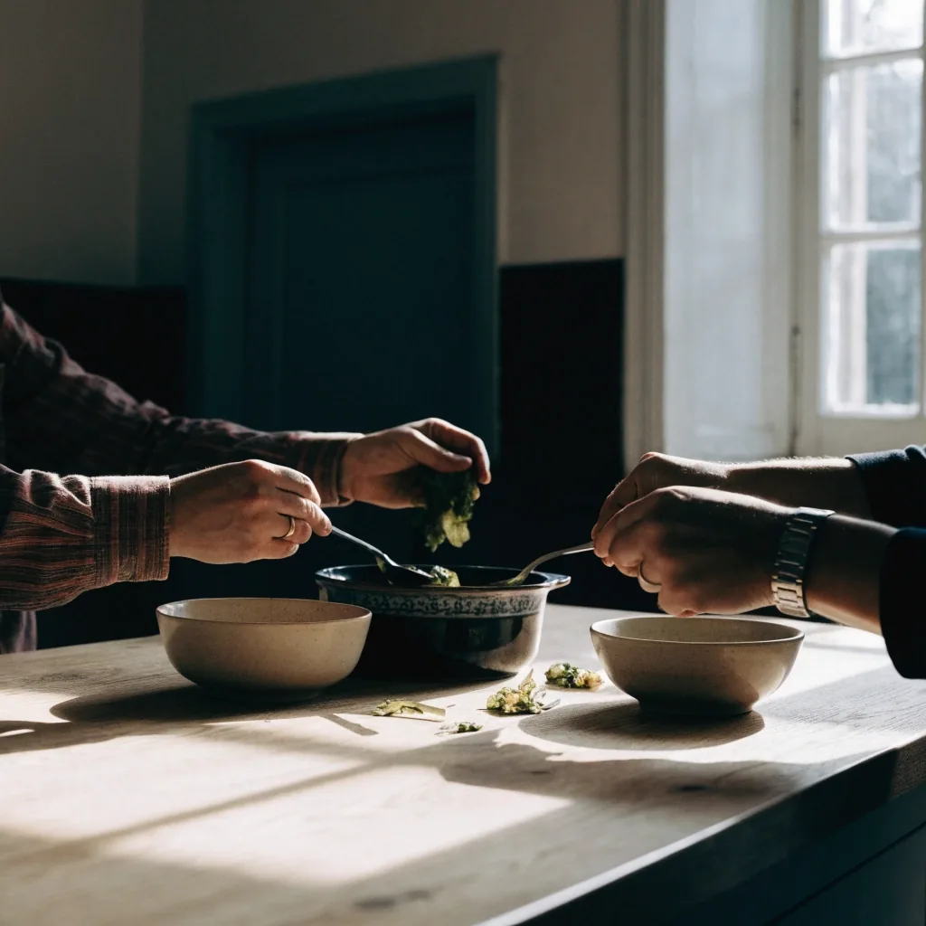 Hands portioning vegetables beside a shared family casserole in a bright kitchen